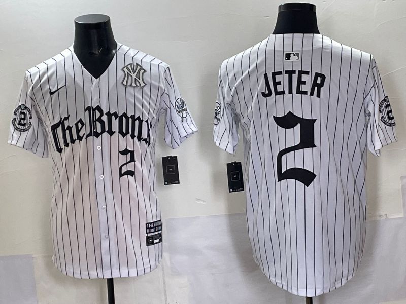 Men 2025 New York Yankees 2 Jeter White Stripe Five generations Joint Name Nike MLB Jersey style 05